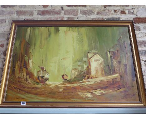 An oil on canvas harbour scene at low tide - signed Jack R Mould - 60cm x 90cm