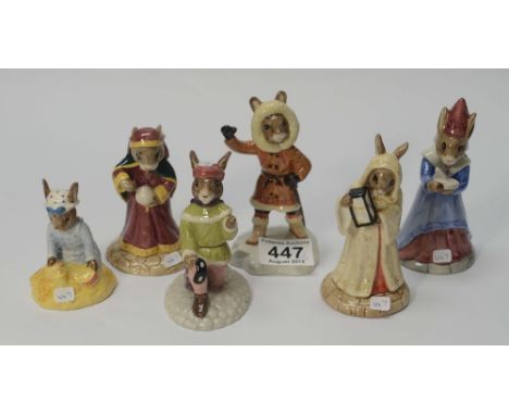 Royal Doulton Bunnykins figures Romeo DB264, Eskimo DB275, Sands of Time DB229, Seaside DB177, Sundial, DB213 and Winter Lapl