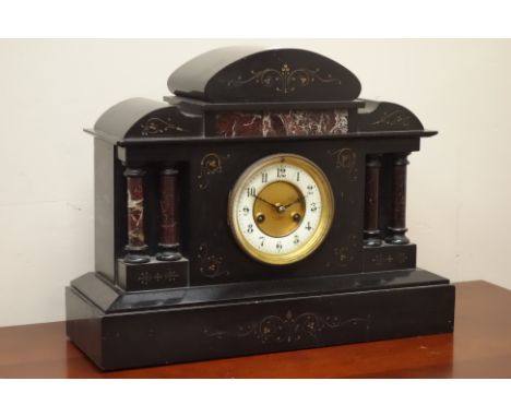 Victorian black slate and marble mantle clock, W45cm