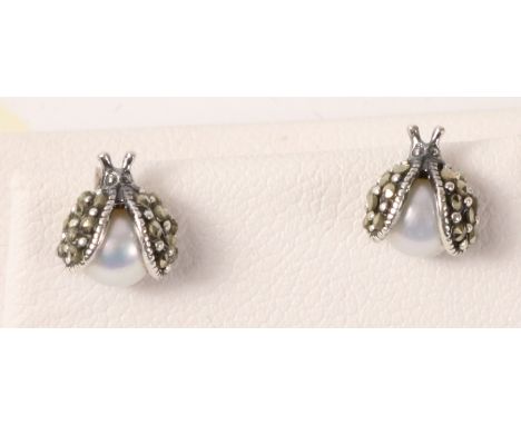 Pair of pearl and marcasite silver Ladybird ear-rings stamped 925   Condition Report   Click here for further images, conditi