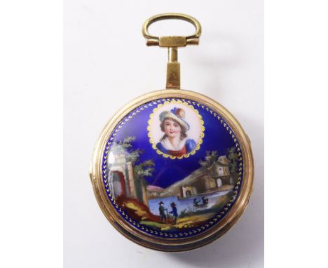 Late 18th/early 19th century gilt metal enamel pocket watch by J.F. Valeri Leton France, consular case, verge fusee movement 