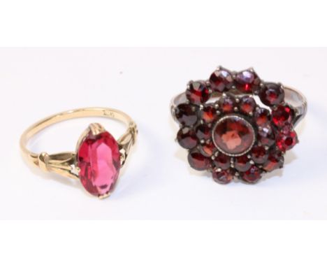 Garnet cluster ring stamped 9ct and a similar gold ring stamped 9ct   Condition Report   Click here for further images, condi