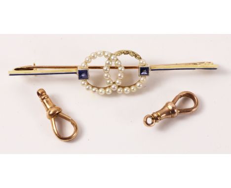 Two Victorian hallmarked 9ct rose gold Albert chain swivel clips approx 2.6gm, a sapphire and seed pearl bar brooch stamped p