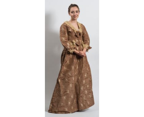 A Victorian brown silk and embroidered bodice and skirt:, with lace collar and cuffs, button front and lace trimmed waist, to