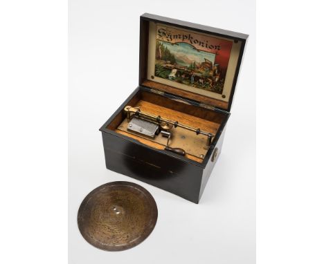 A late 19th century German table top Symphonion: contained in an ebonised and transfer print decorated box, the comb and move