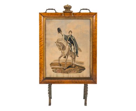 A 19th century petit-point needlework firescreen:  the panel depicting the Duke of Wellington on horseback with bicorn hat ra
