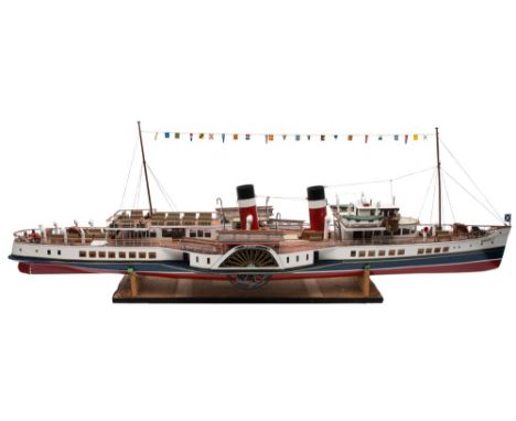 A scale model of the PS Waverley:, in LNER livery, scored decks , wheel house with telegraphs, passenger cabin and deck with 