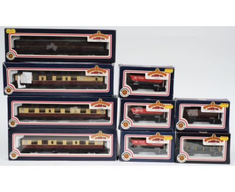 Four carriages and five goods wagons by Bachmann, boxed:.