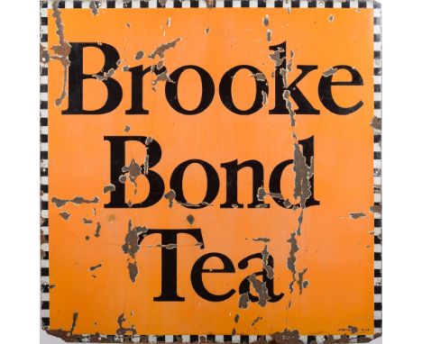 A Brooke Bond Tea square enamel advertising sign:, black lettering on orange background, with black and white chequered borde