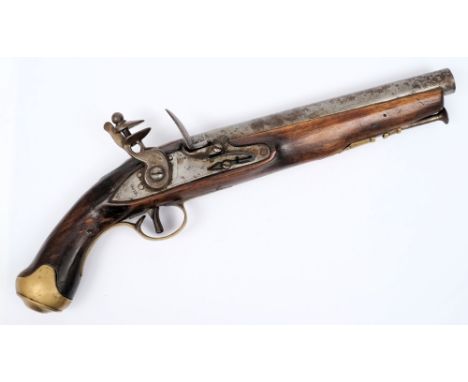 A late 18th/early 19th Century tower flintlock pistol:, the barrel stamped with crowns above crossed swords, the lockplate st