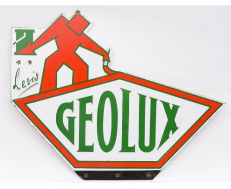 A Belgian 'Levis Geolux' enamel advertising sign:, red geometric figure above the green company name on white background, 48c