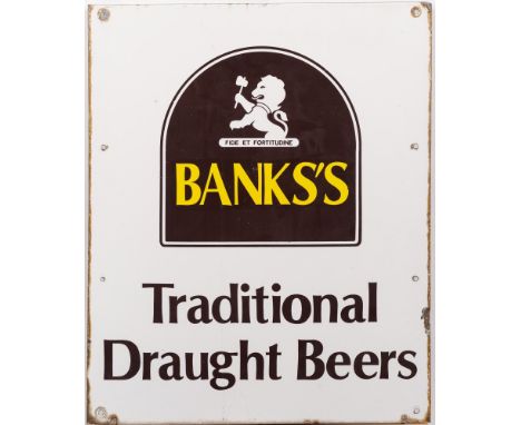 A Banks's traditional draught beer enamel advertising sign:, 64cm x 52cm, the company name in yellow text with white lion abo