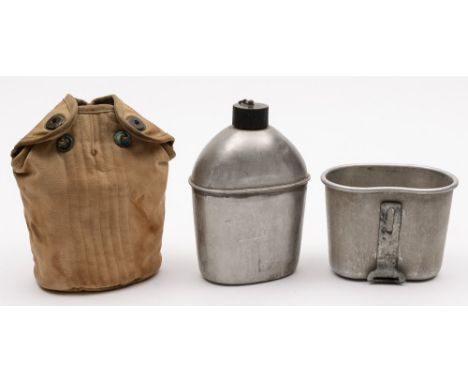 A WWII period US Army aluminium water bottle:, the kidney shaped detachable base with hinged fold out handle marked US T.A.C.