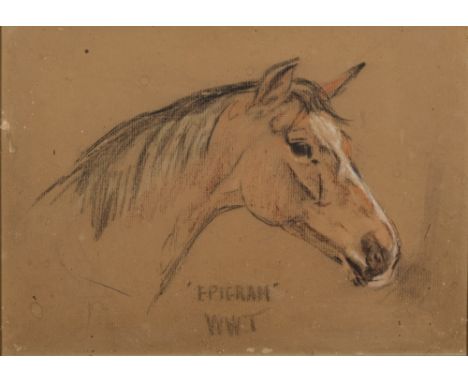 W Wasdell Trickett [19/20th Century]-
'Epigram', a bay hunter:-
signed and inscribed
pastel drawing, 45 x 60cm, together with