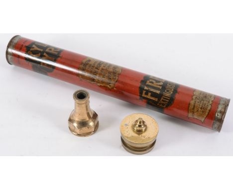 A Kyl  Fyre fire blanket container: with lithograph decoration 51cm. high, a brass nozzle and brass blanking cap (3).

