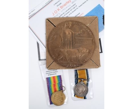 A WWI pair and Commemorative plaque:, named '37657 Pte J O K Brierly, Lancs, Fus', War medal and Victory medal, also related 