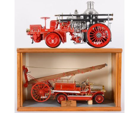 Bandai, a 1/16th scale Dennis Fire Engine: in L.C.C. London Fire Brigade livery, contained in a polished wood and glazed disp