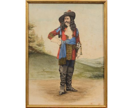 A watercolour of a cavalier initialed 'L C R':, framed 30 x 22cm.