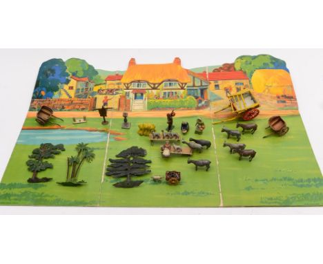 A collection of  farm animals, trees, fences and related figures:,mainly Britains including farmhands, scarecrow, wheel barro