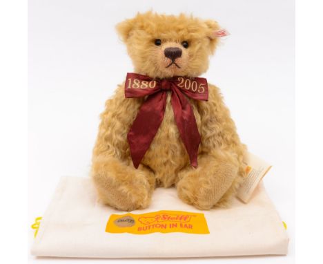 Steiff - A 125 year anniversary blonde plush bear:, with bow tie, stitched snout , glass eyes and jointed body, the buttoned 