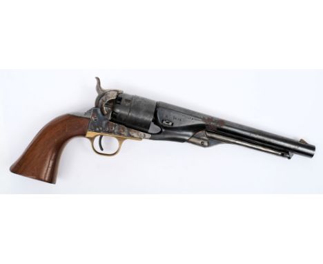 A reproduction Colt Army 1860 44 calibre six shot single action percussion revolver:, the cylinder engraved with Naval engage
