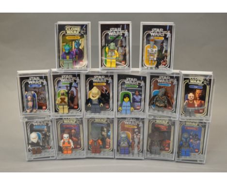 15 x Lego Star Wars minifigures, including Bounty Hunters.. VG, all contained in display boxes with vintage style backs.