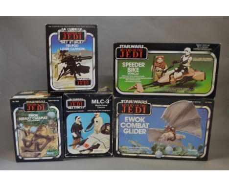 Five vintage Star Wars Return of the Jedi toys, mostly mini-rigs and smaller vehicles: Kenner Assault Catapult; Palitoy Tri-p