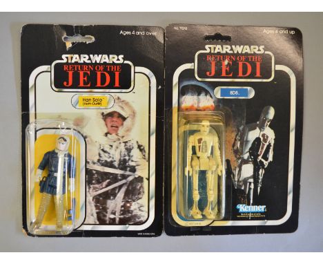 Two vintage Star Wars carded Return of the Jedi figures, 'Han Solo (Hoth Outfit)' E figure in clear bubble with some crushing