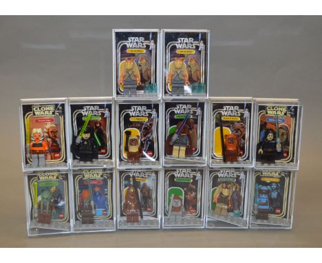 14 x Lego Star Wars minifigures, including Ewoks, Jedis, Gungans, etc. VG, all contained in display boxes with vintage style 