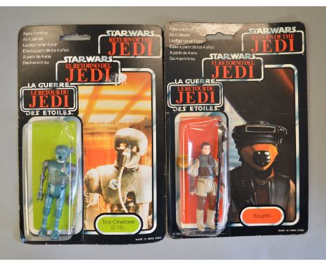Two vintage Star Wars carded 'Return of the Jedi' figures on punched Tri-Logo 70 back cards, 'Too-Onebee (2-1B)' in clear bub