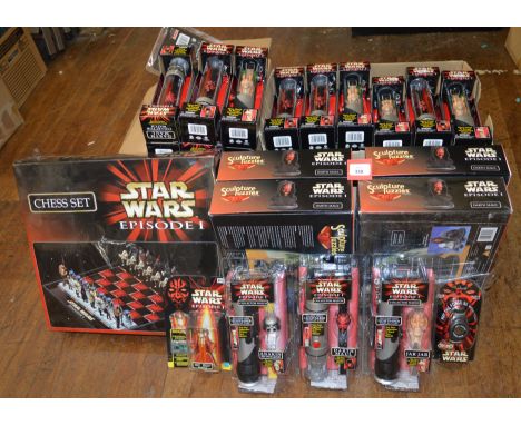 A very good quantity of packaged Star Wars related items, contained in three boxes, including Episode I Lightsaber with Colle