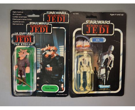 Two vintage Star Wars carded Return of the Jedi figures, 'Ree-Yees' E figure in clear bubble  with some crushing on G punched