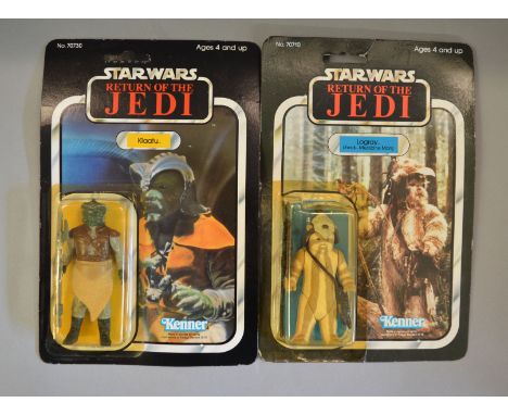 Two vintage Star Wars carded Return of the Jedi figures, 'Klaatu' E figure in yellowed bubble  on G+/VG 77 back unpunched car