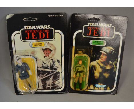 Two vintage Star Wars carded Return of the Jedi figures, 'Han Solo (Hoth Outfit)' E figure in clear bubble with some crushing