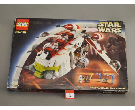 Lego Star Wars 7163  'Republic Gunship', in generally G box with some undulation, creasing, tears and scuffs to edges. Box ha
