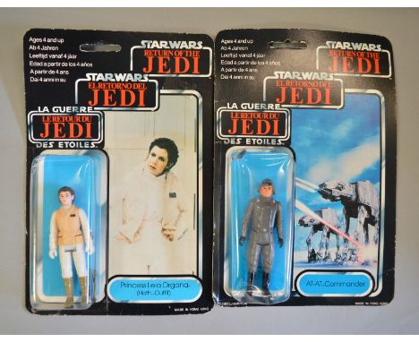 Two vintage Star Wars carded 'Return of the Jedi' figures on punched Tri-Logo 70 back cards, 'AT-AT Commander' and 'Princess 