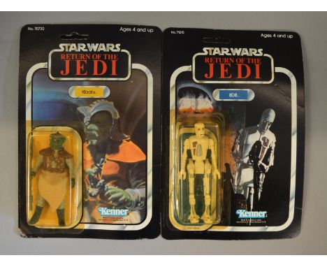 Two vintage Star Wars carded Return of the Jedi figures, 'Klaatu' E figure in yellowed bubble  on G+ 77 back part punched car