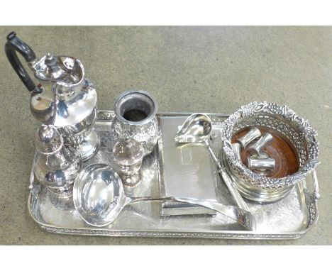 A silver plated gallery tray, sugar shaker, cigarette box, ladle, wine coaster and other silver plated items 