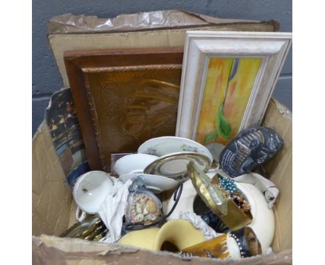 A box of assorted items, costume jewellery, glassware including Murano, small didgeridoo, two Egyptian tourist pieces, Royal 