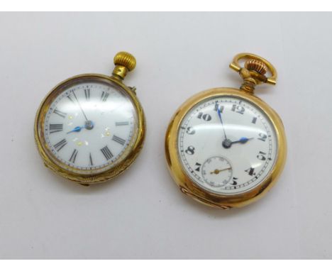 A 10ct gold plated fob watch in a 20 year Dennison case and an 800 continental silver gilt fob watch lacking loop 