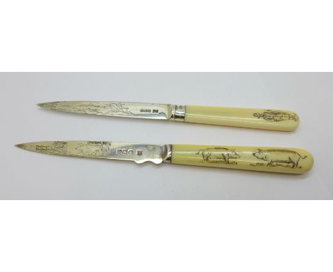 Two silver and ivory knives/letter openers, one hallmarked London 1898 and decorated with pigs, Gibson &amp; Lawrence, Goldsm