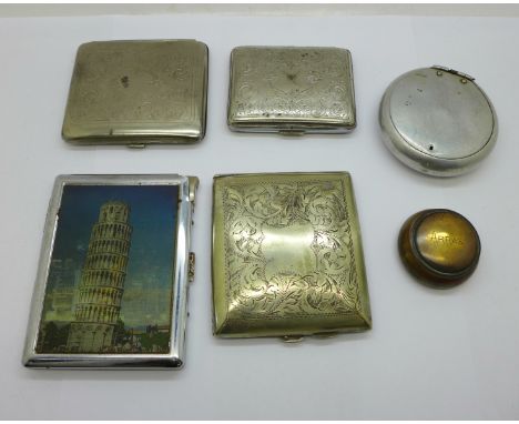 Four cigarette cases, an aluminium tobacco box, a/f and a lidded pot marked Arras 