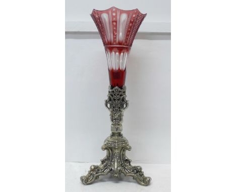 A plated table centrepiece with associated flash cut cranberry glass epergne trumpet 