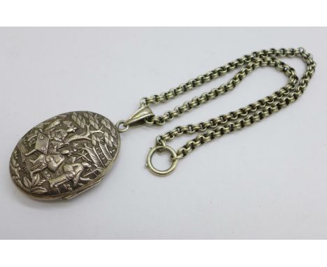 A large white metal locket with detailed Chinese scene decoration, on a white metal chain, locket 39mm x 51mm, chain 41cm 