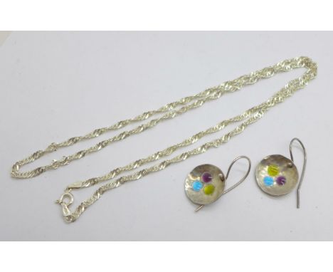 A silver chain and a pair of enamelled earrings 