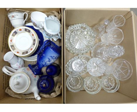 A collection of china and glass including three Derby Border saucers and one side plate (2 boxes) **PLEASE NOTE THIS LOT IS N