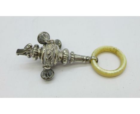 A Victorian silver and mother of pearl rattle/whistle, Birmingham 1897, lacking one bell 