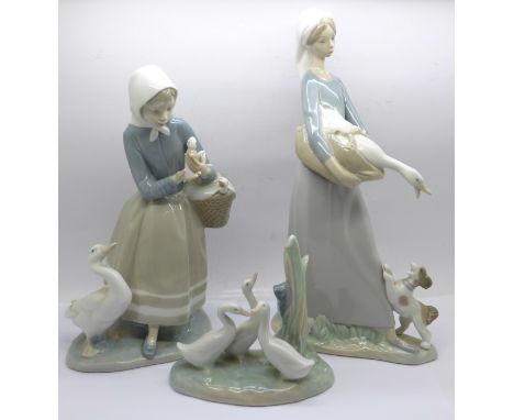 Two Lladro figurines, ?Girl with Goose and Dog? (ref 4866), H:27cm, ?Shepherdess with Ducks? (ref 4568), H:23cm (both designe