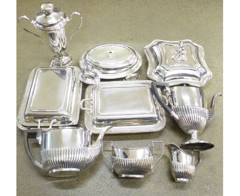 Plated items; entree dishes, trophies, three piece plated tea service, etc. 