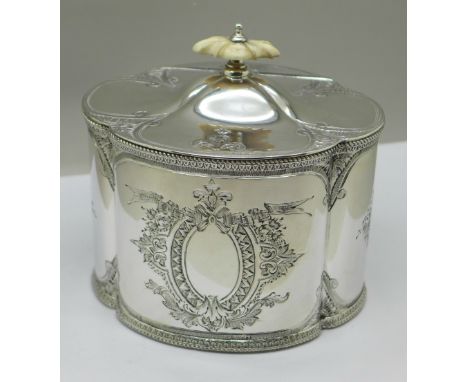 A James Dixon &amp; Sons electro-plated Britannia metal double section tea caddy, 16cm wide 